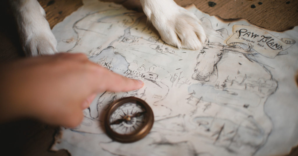 treasure map with dog paws on top of map, with compass and a human hand pointing
